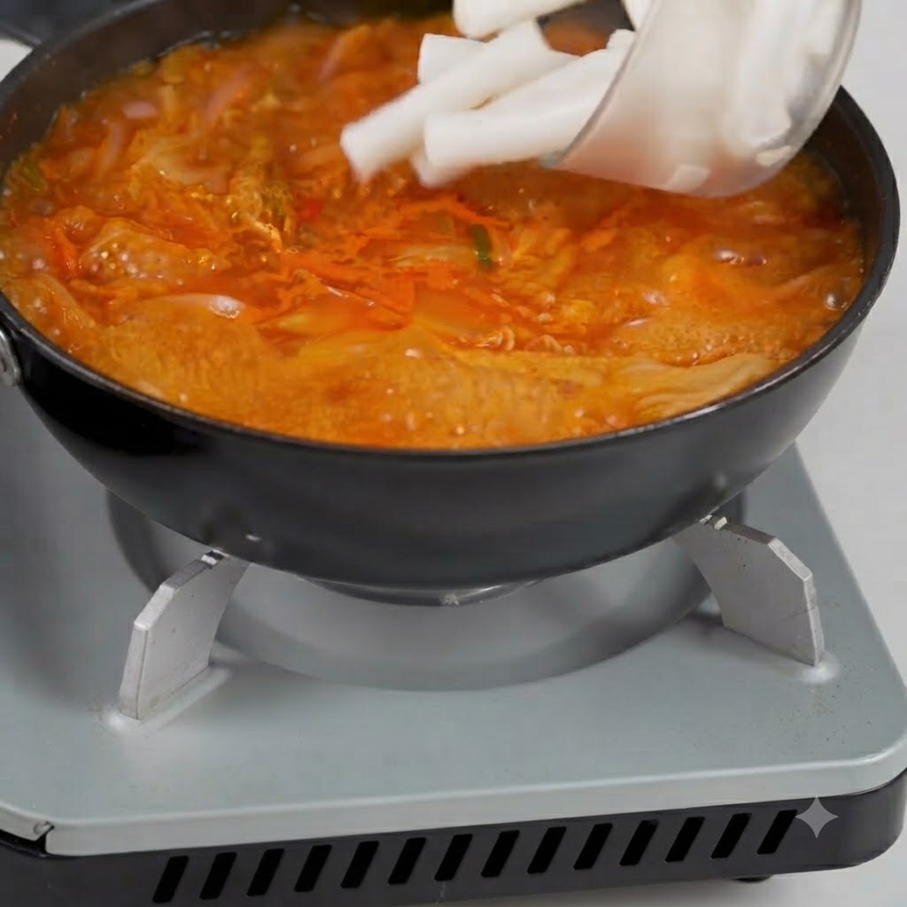 Torte di riso bianche prebollite aggiunte direttamente in una pentola di zuppa di kimchi rossa in ebollizione.