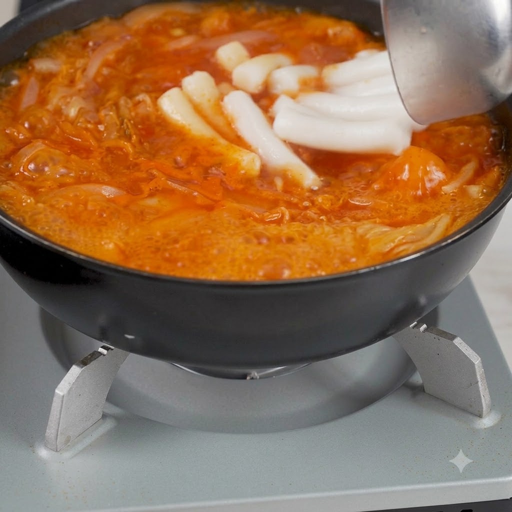 Ravioli coreani di kimchi aggiunti nella pentola usando un utensile da cucina.