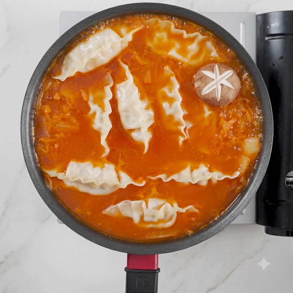 Funghi shiitake con motivi intagliati disposti ordinatamente sopra la zuppa.