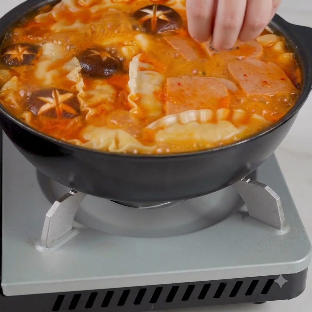 Una mano che sparge semi di sesamo e cipollotti tritati su una padella bollente di zuppa di kimchi coreana.