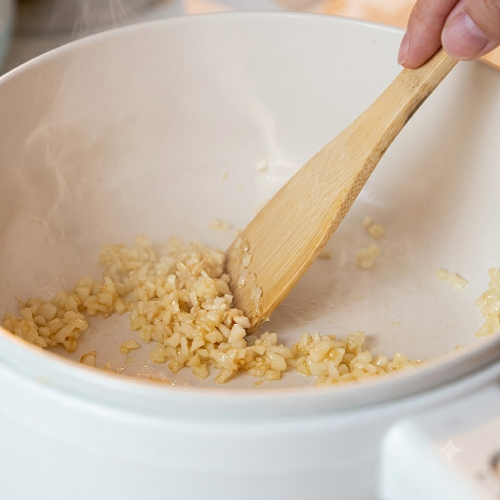Aglio tritato che frigge in una pentola e viene mescolato con una spatola di legno.