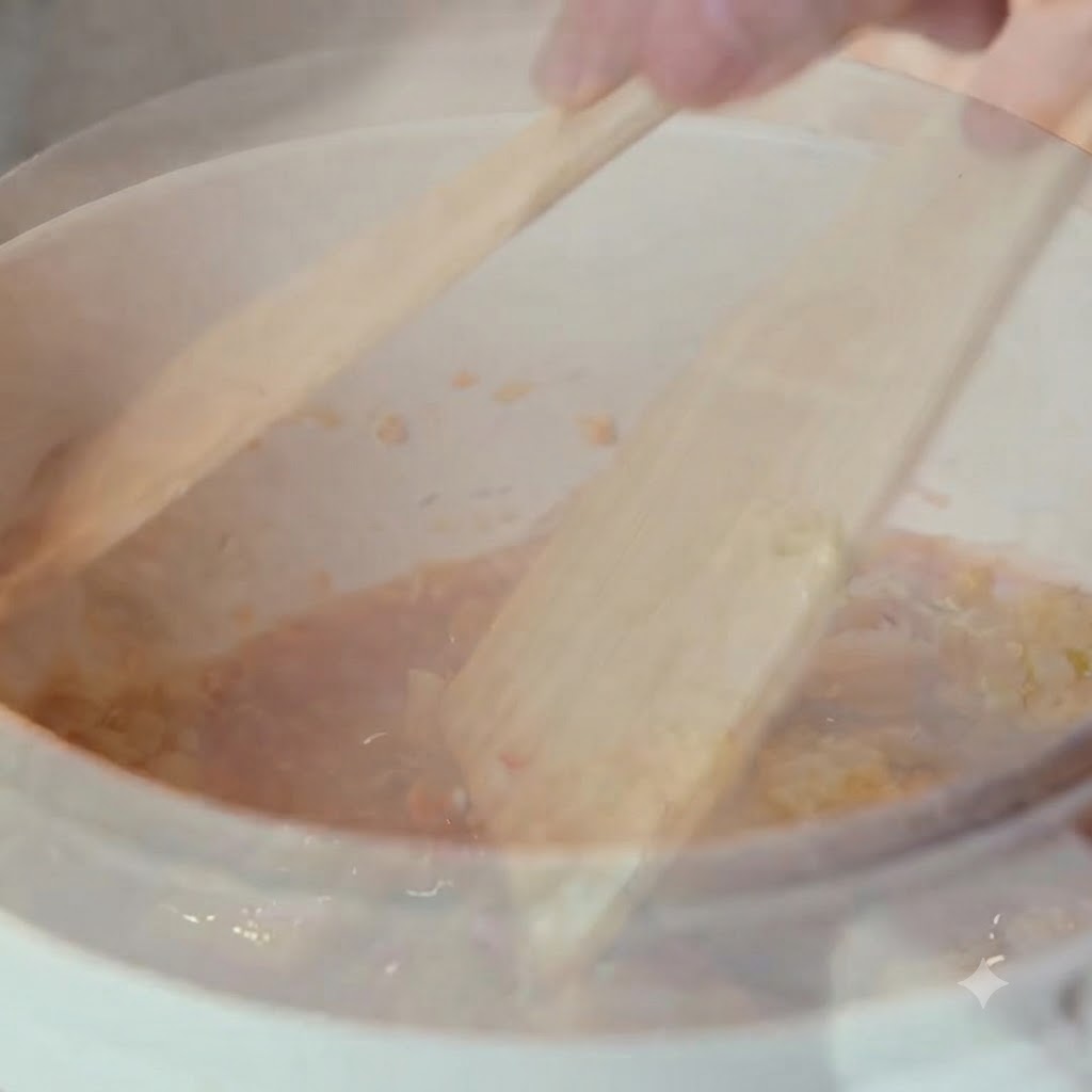 Kimchi tritato che viene mescolato nella pentola usando spatole di legno.
