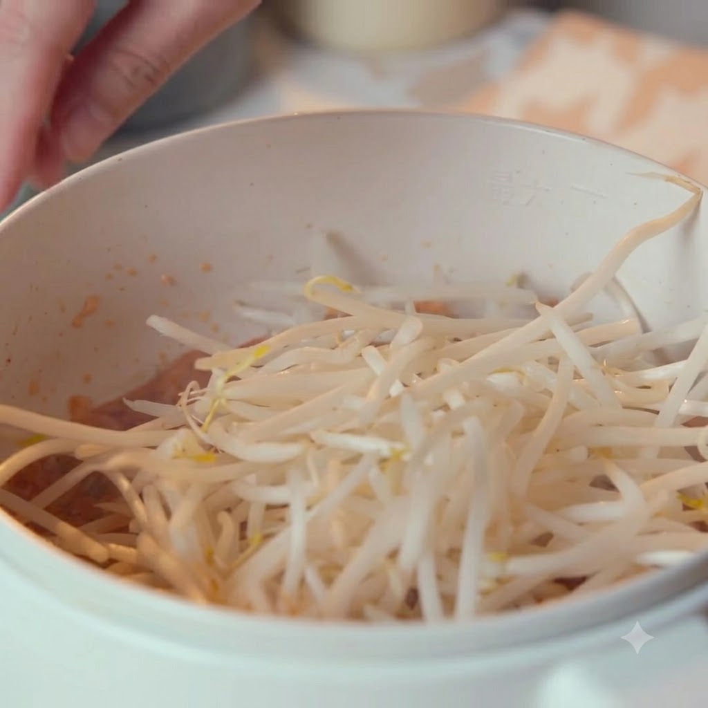Una manciata di germogli di soia freschi disposti sopra il kimchi nella pentola.