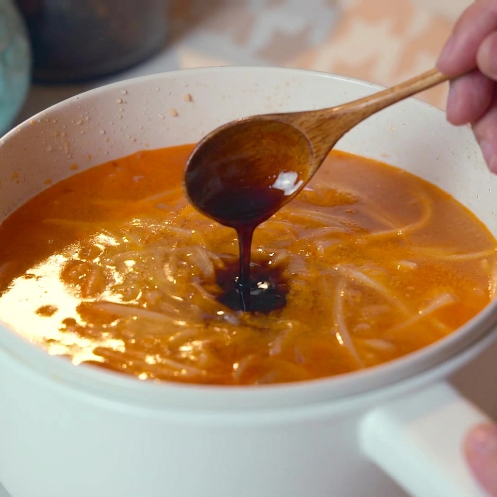 Salsa di soia versata con un cucchiaio di legno nella base della zuppa arancione che bolle.