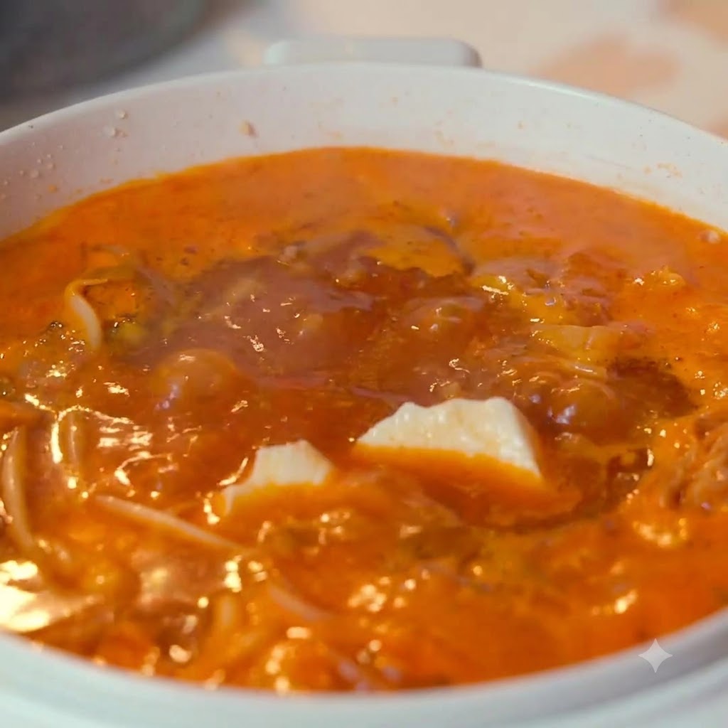 Pezzi di tofu morbido che galleggiano nella zuppa arancione in ebollizione.