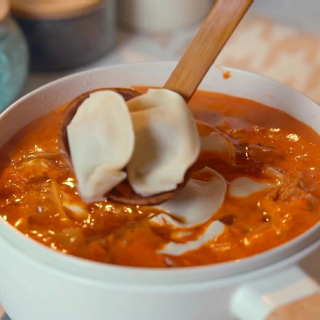 Un cucchiaio di legno che solleva due ravioli freschi sopra una pentola di zuppa di kimchi rossa fumante.