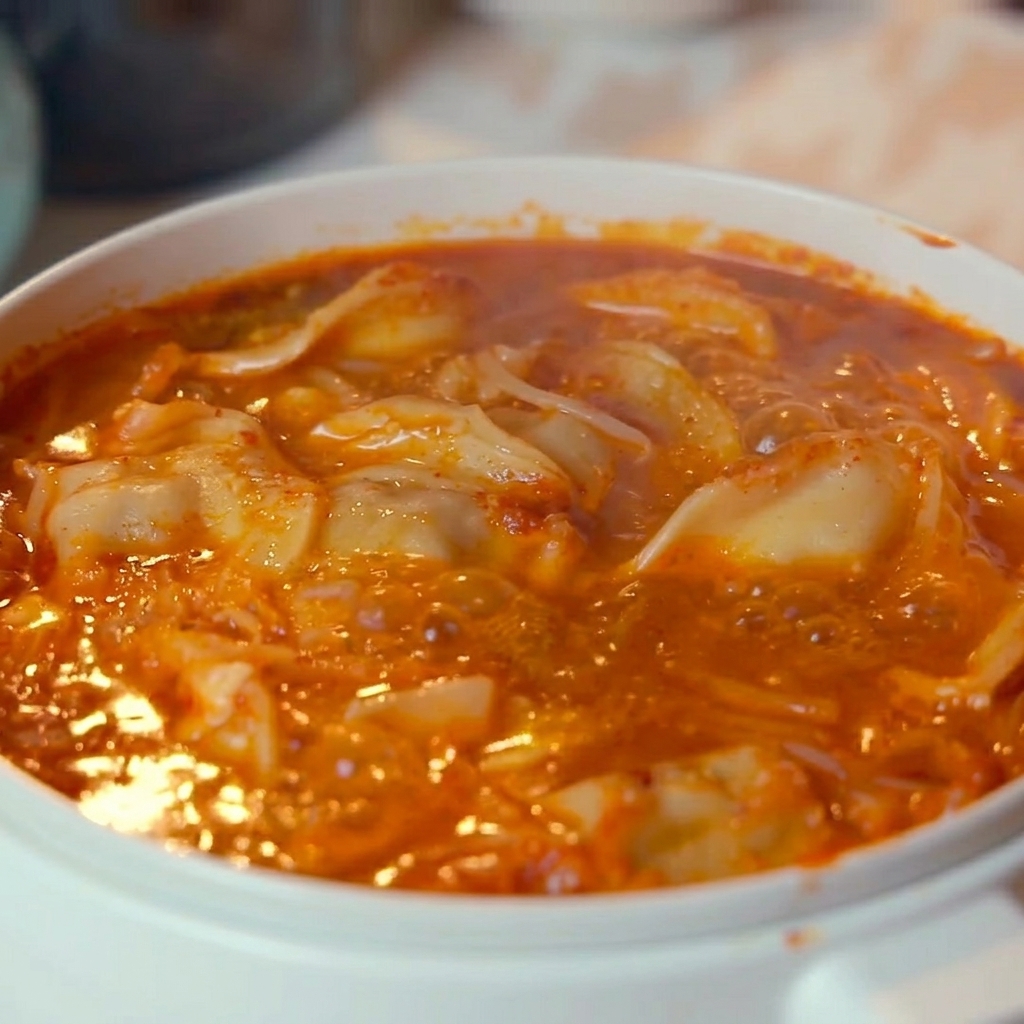 Una pentola ribollente di zuppa piccante di kimchi e ravioli guarnita con semi di sesamo bianco e cipollotti tritati.