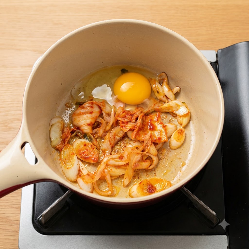 Due uova intere sgusciate allinterno di una pentola in mezzo a kimchi e cipollotti saltati.