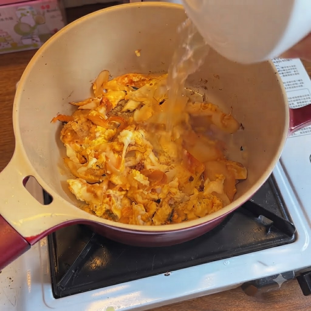 Acqua calda versata da un contenitore bianco nella pentola contenente kimchi cotto e uova.