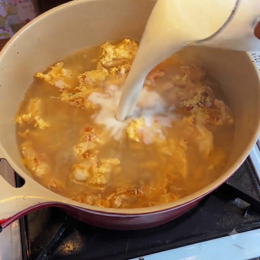 Latte versato da una tazza nella pentola di zuppa in ebollizione, creando un vortice torbido.