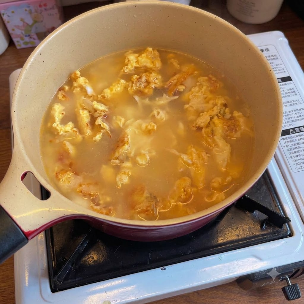 Una pentola di brodo chiaro condito con ingredienti cotti che sobbollono sul fuoco.