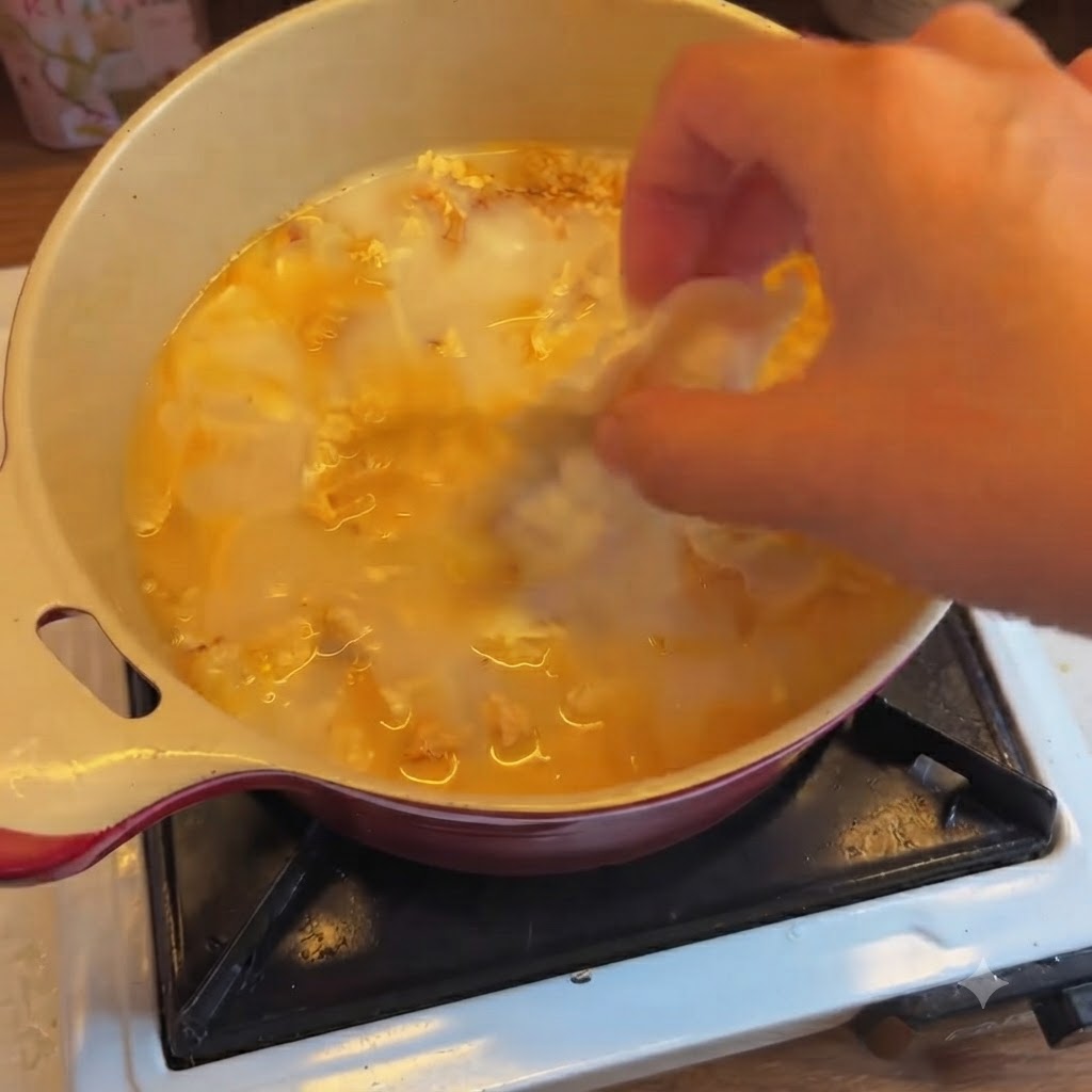 Una mano che lascia cadere un raviolo al kimchi in una pentola di brodo bianco-arancione in ebollizione.
