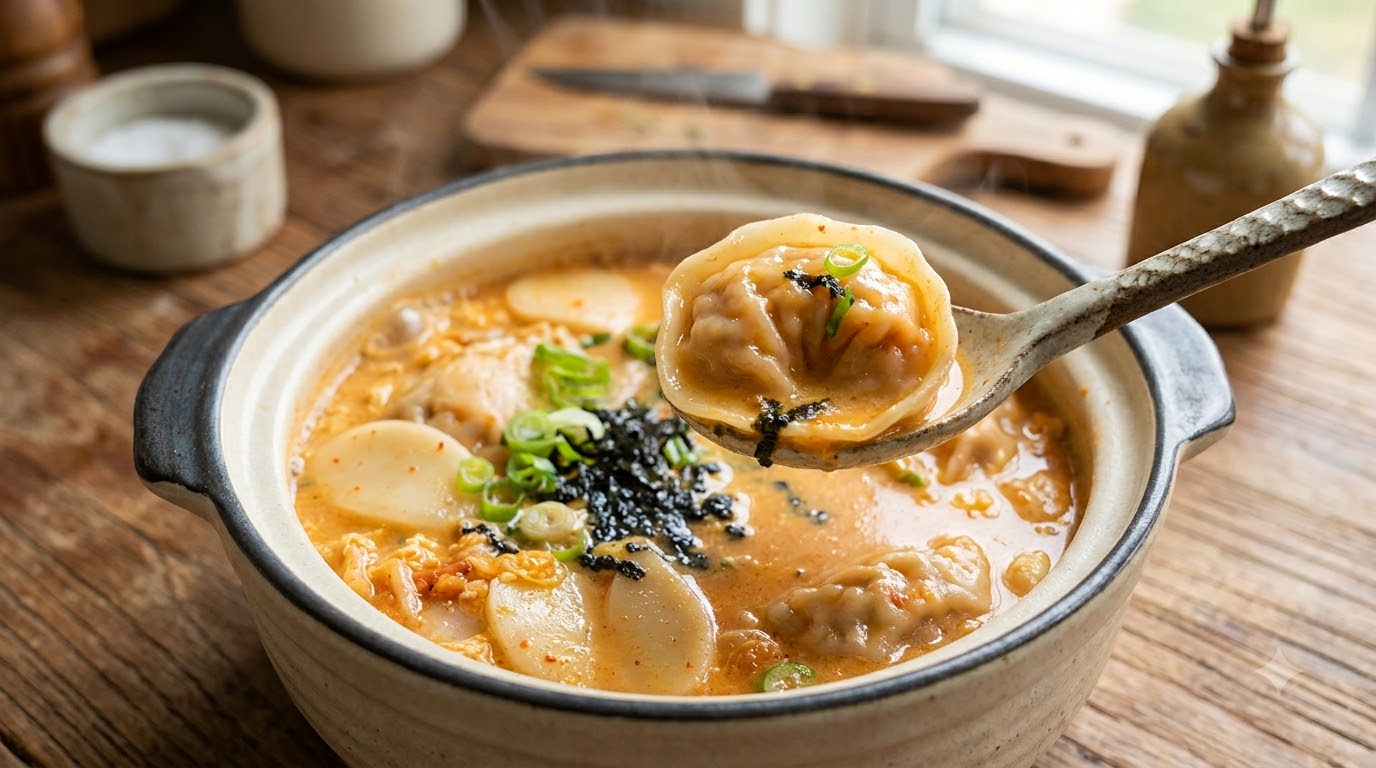 Zuppa Cremosa di Kimchi con Tteokguk e Gyoza
