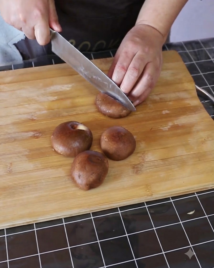 Funghi shiitake interi affettati in pezzi più piccoli su un tagliere di legno.
