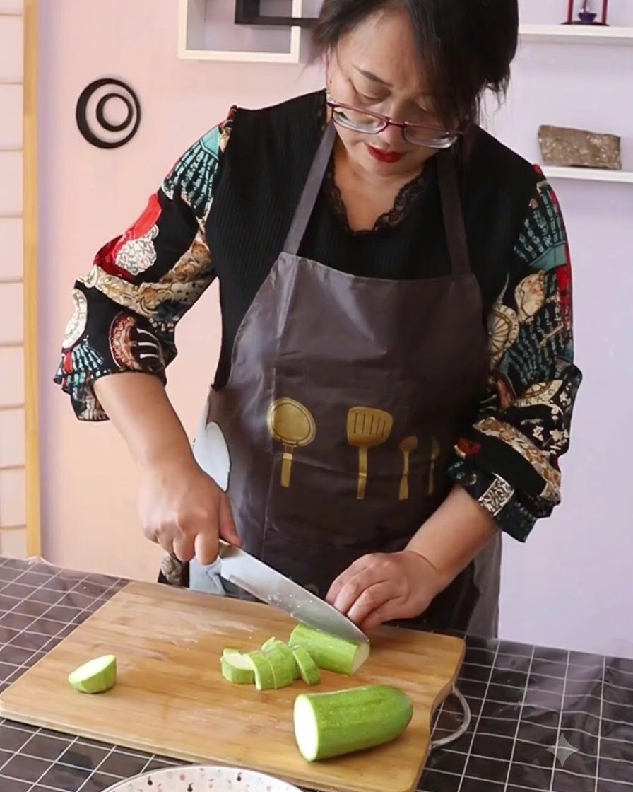 Zucchina verde tagliata a pezzi su un tagliere di legno.
