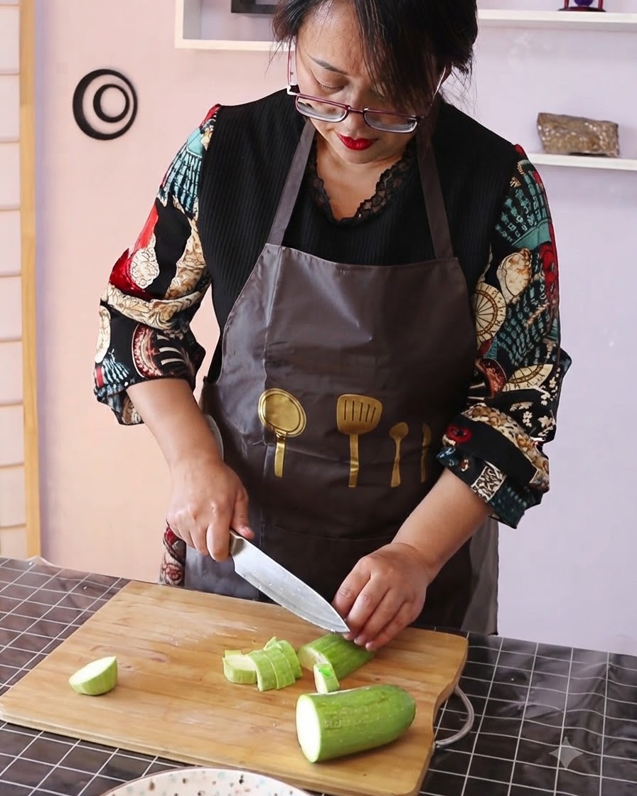 Cavolo cinese e grandi blocchi di tofu sodo tritati su un tagliere di legno.