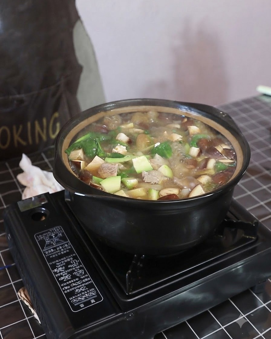 Un cucchiaio di polvere condimentale bianca versato nella pentola ribollente di zuppa e verdure.