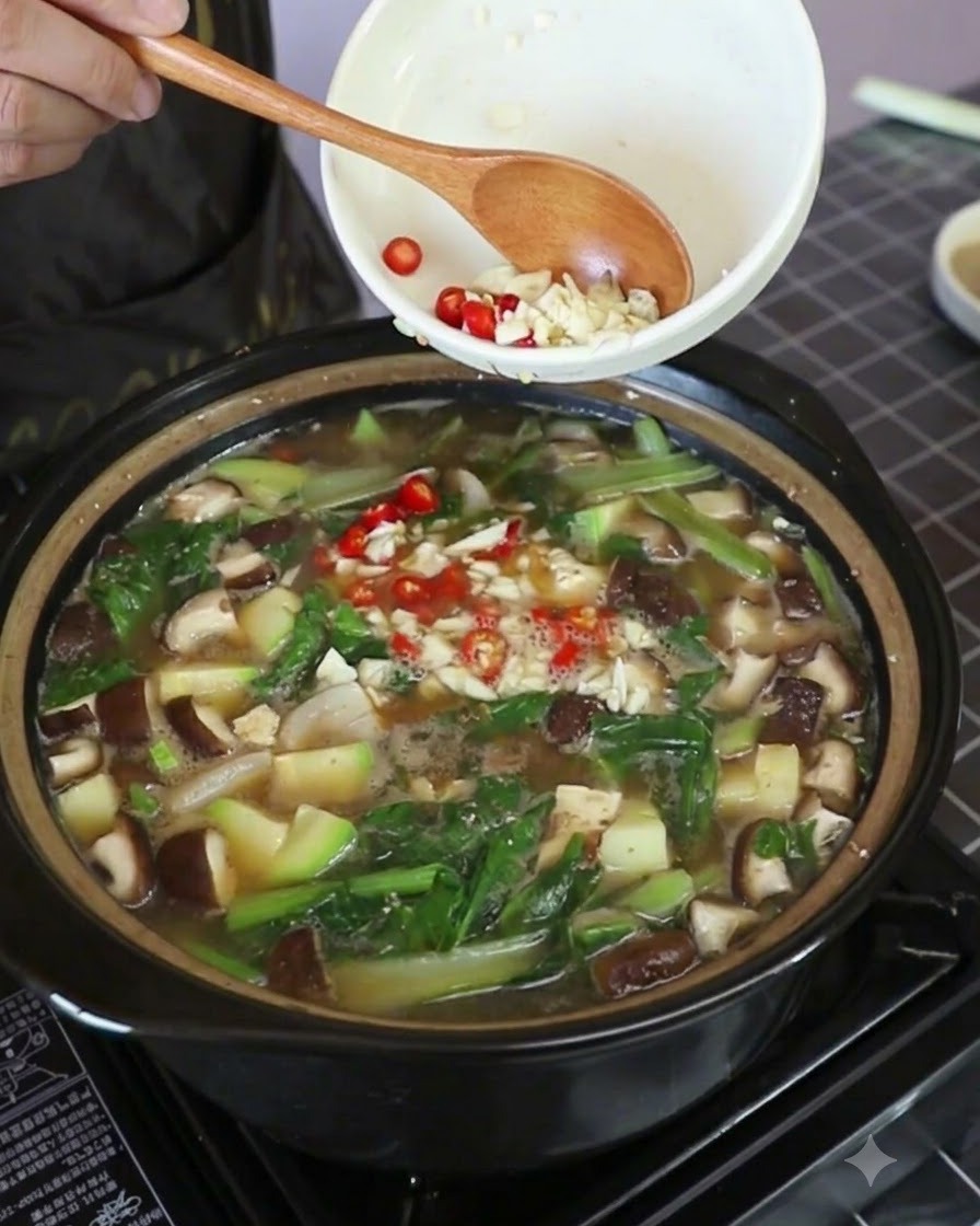 Aglio tritato e anelli di peperoncino Thai rosso versati da una ciotola bianca nella pentola di zuppa fumante.