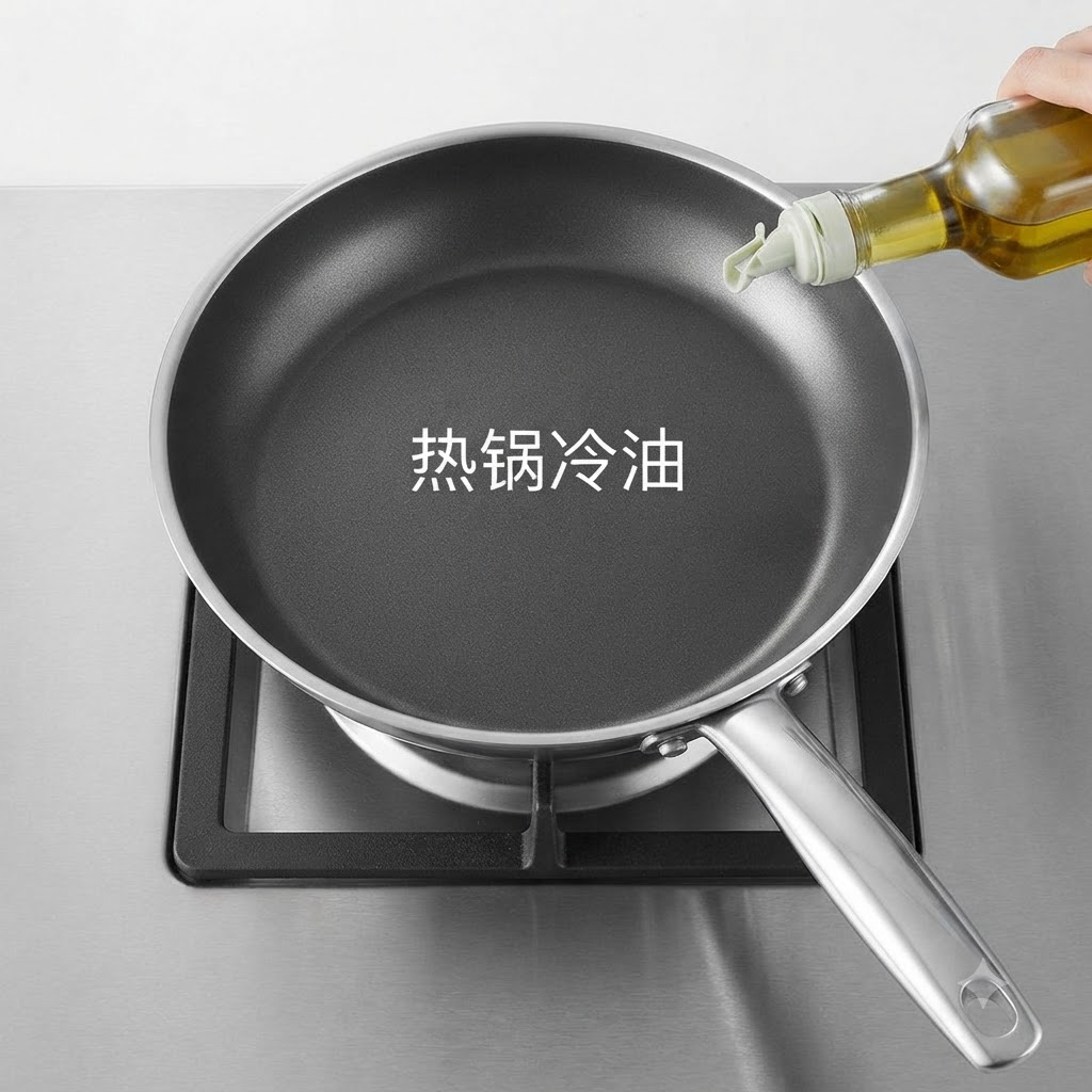 Olio da cucina versato da una bottiglia in una padella riscaldata su un piano cottura.
