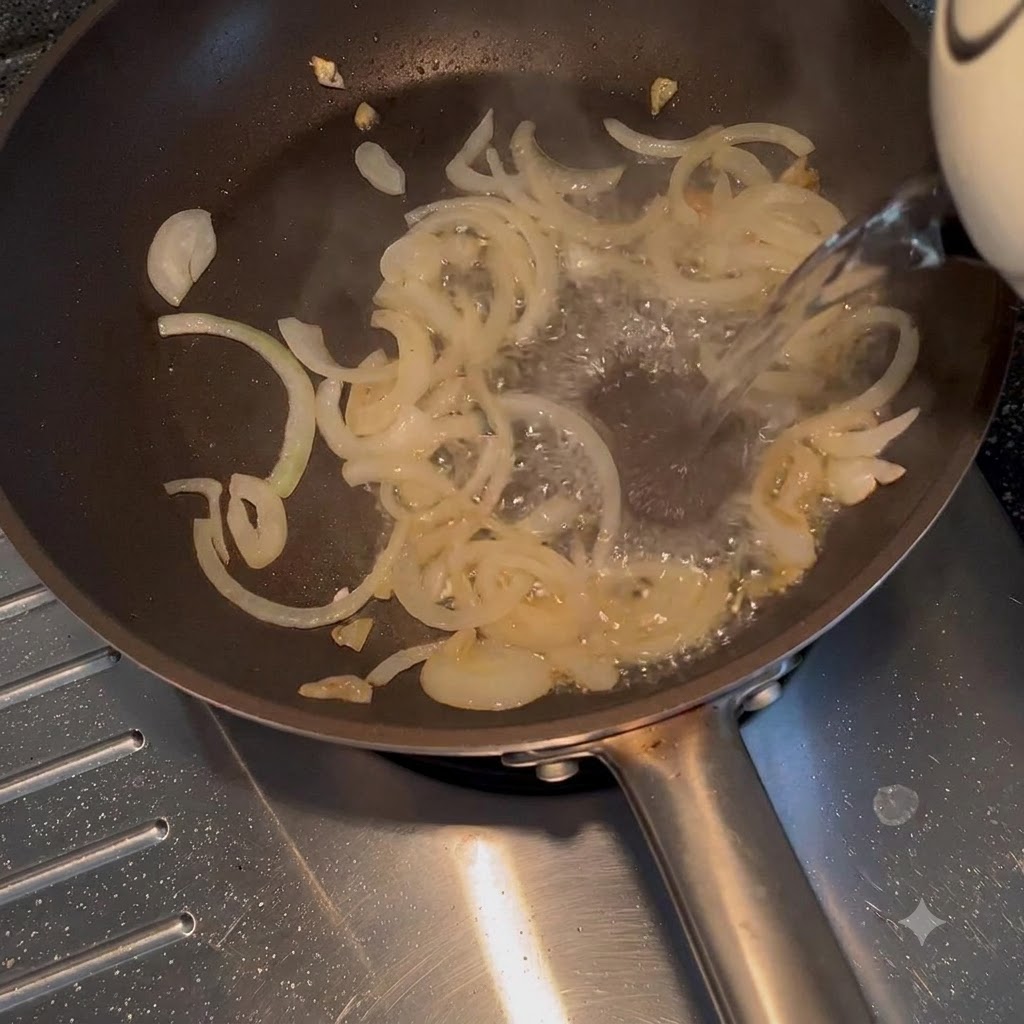 Acqua calda versata da un bollitore in una padella contenente cipolle saltate e traslucide.