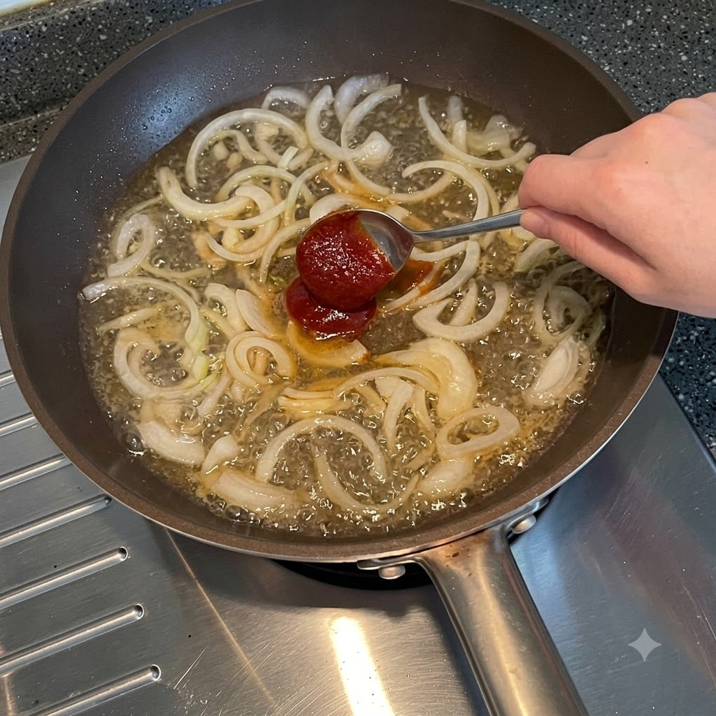 Un cucchiaio di pasta di peperoncino coreana aggiunto in una padella di acqua bollente e cipolle affettate.