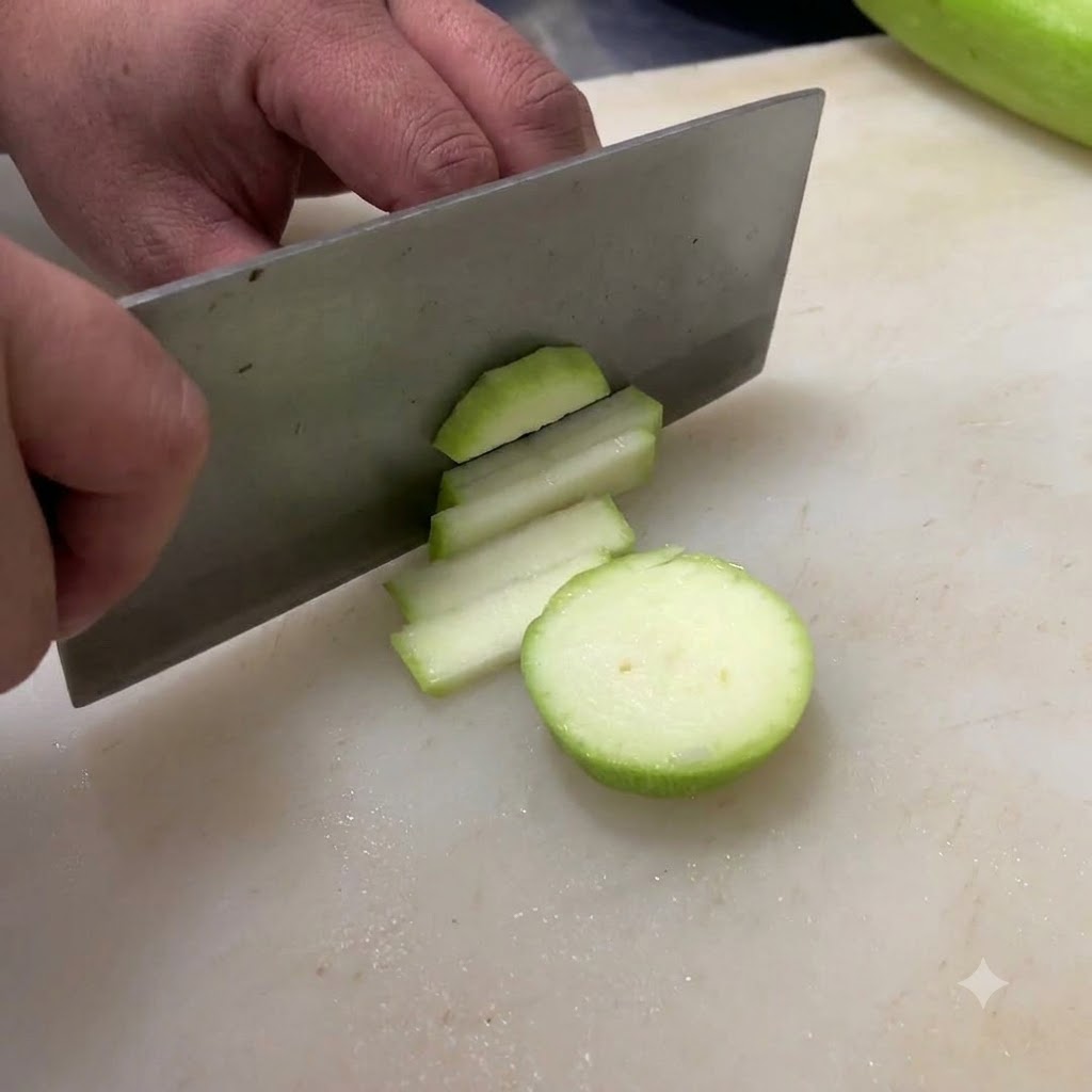 Un coltello che affetta una carota in pezzi sottili su un tagliere bianco.