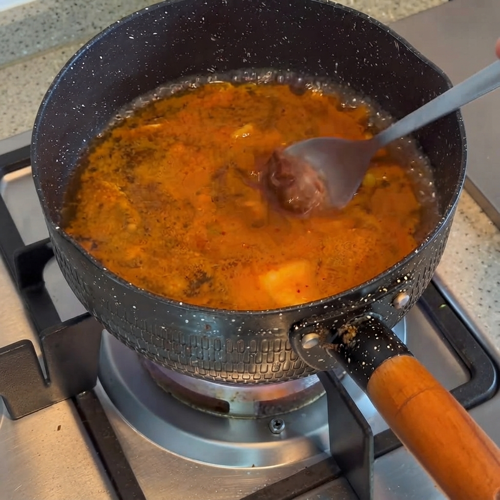 Un cucchiaio di pasta di soia coreana mescolata in un brodo arancione in ebollizione.