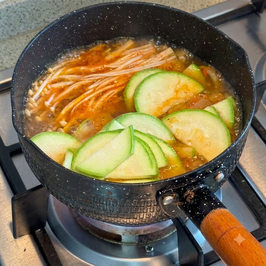 Salsa di soia versata dallalto in una pentola bollente di stufato di kimchi contenente funghi enoki e fette di zucchina.