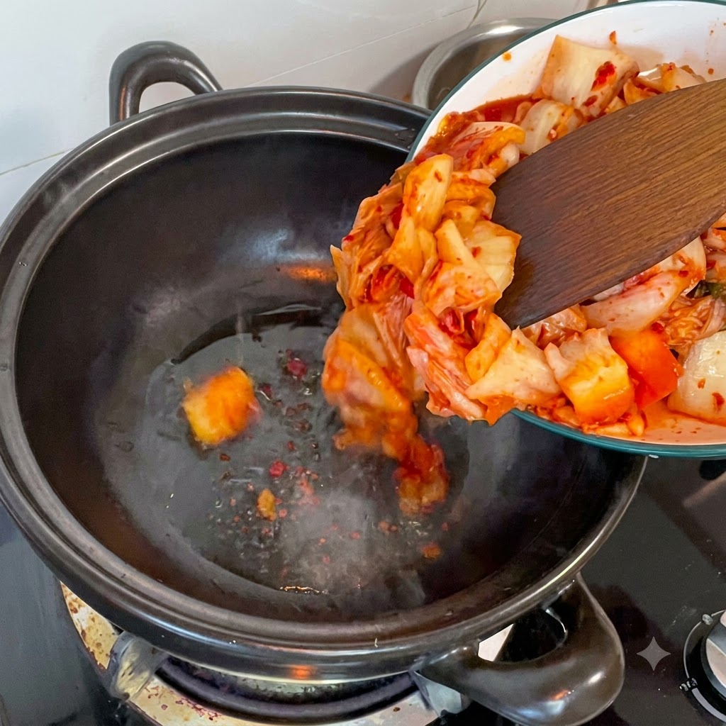 Pezzi tagliati di kimchi raschiati da un piatto in una pentola scura calda usando una spatola di legno.