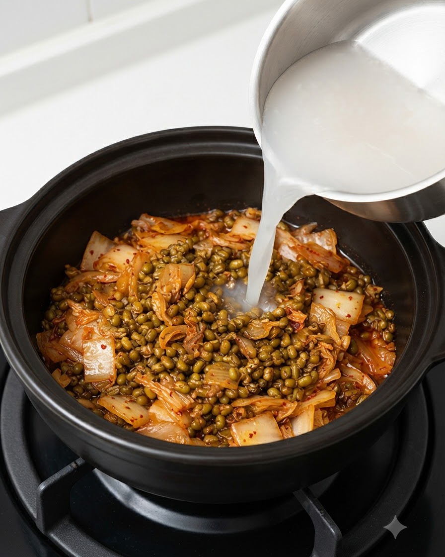 Acqua di lavaggio del riso bianca e torbida versata da una pentola dacciaio in una pentola scura contenente kimchi e semi di soia fermentati.