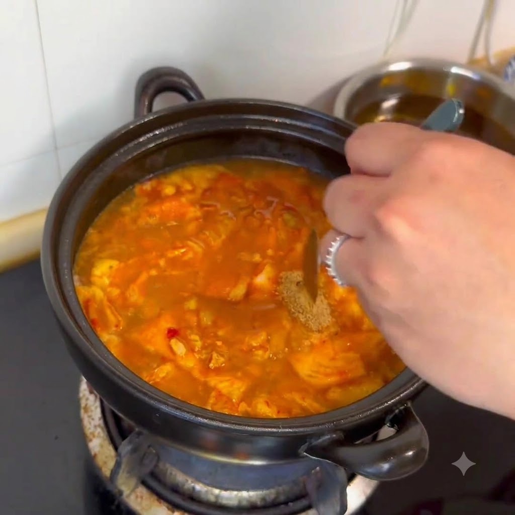 Brodo in polvere e condimenti aggiunti nella pentola dello stufato in ebollizione usando un cucchiaio piccolo.