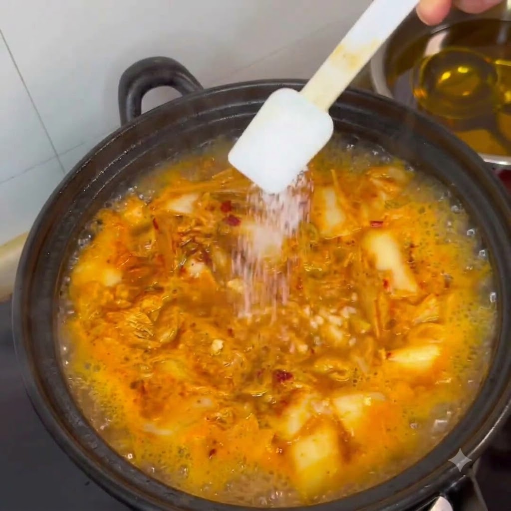 Cubetti di tofu aggiunti da un piatto bianco nella pentola dello stufato in ebollizione.