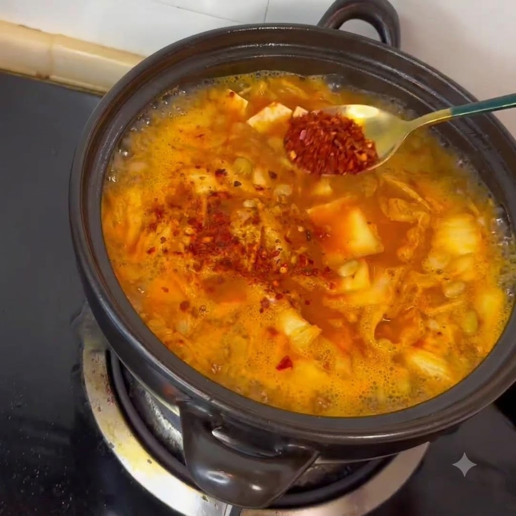 Peperoncino in polvere aggiunto nella pentola della zuppa da un cucchiaio piccolo.