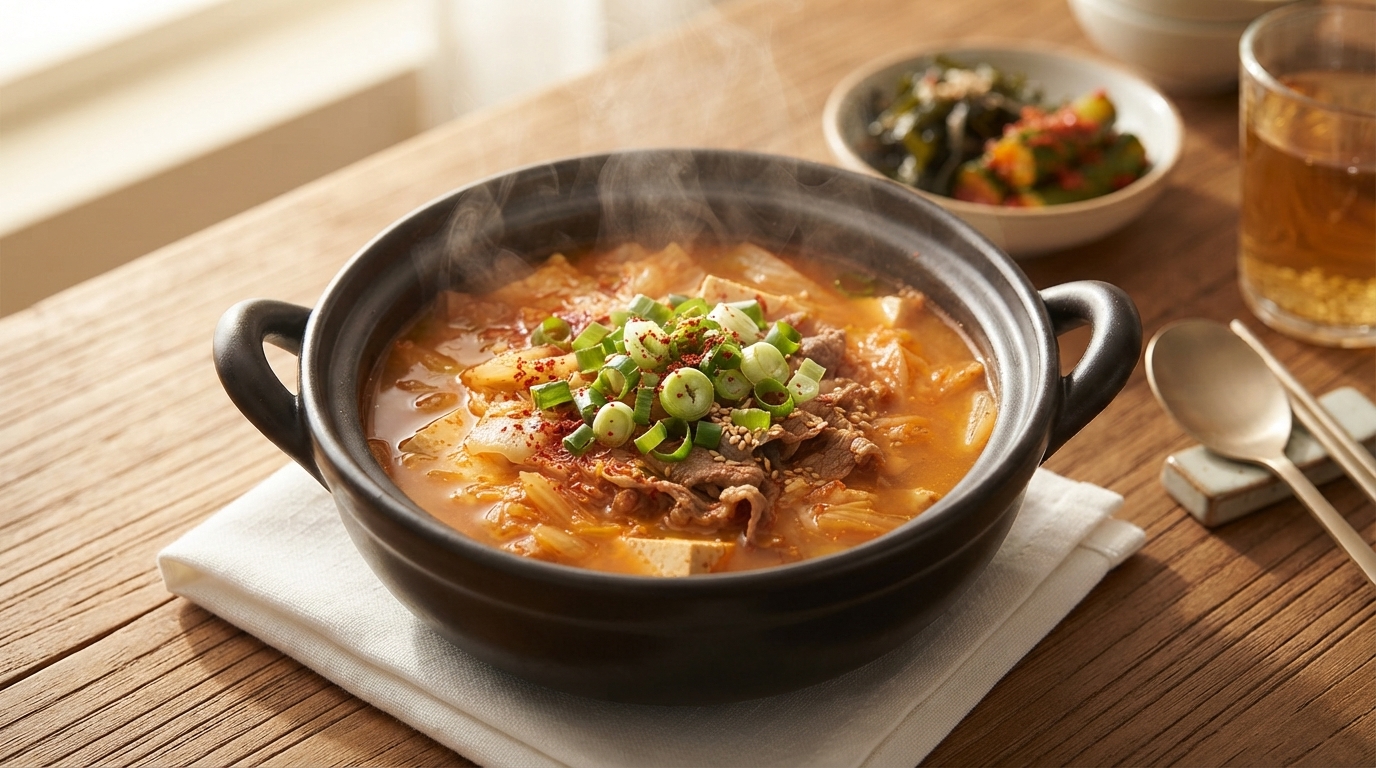Uno stufato coreano di pasta di soia caldo e ribollente guarnito con cipollotti freschi tritati in una ciotola di ceramica scura.
