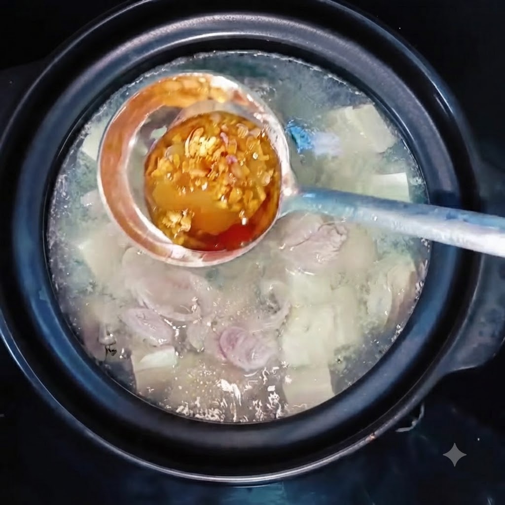 Un mestolo contenente olio al cipollotto e condimenti tenuto sopra una pentola fumante di zuppa di ostriche e tofu.
