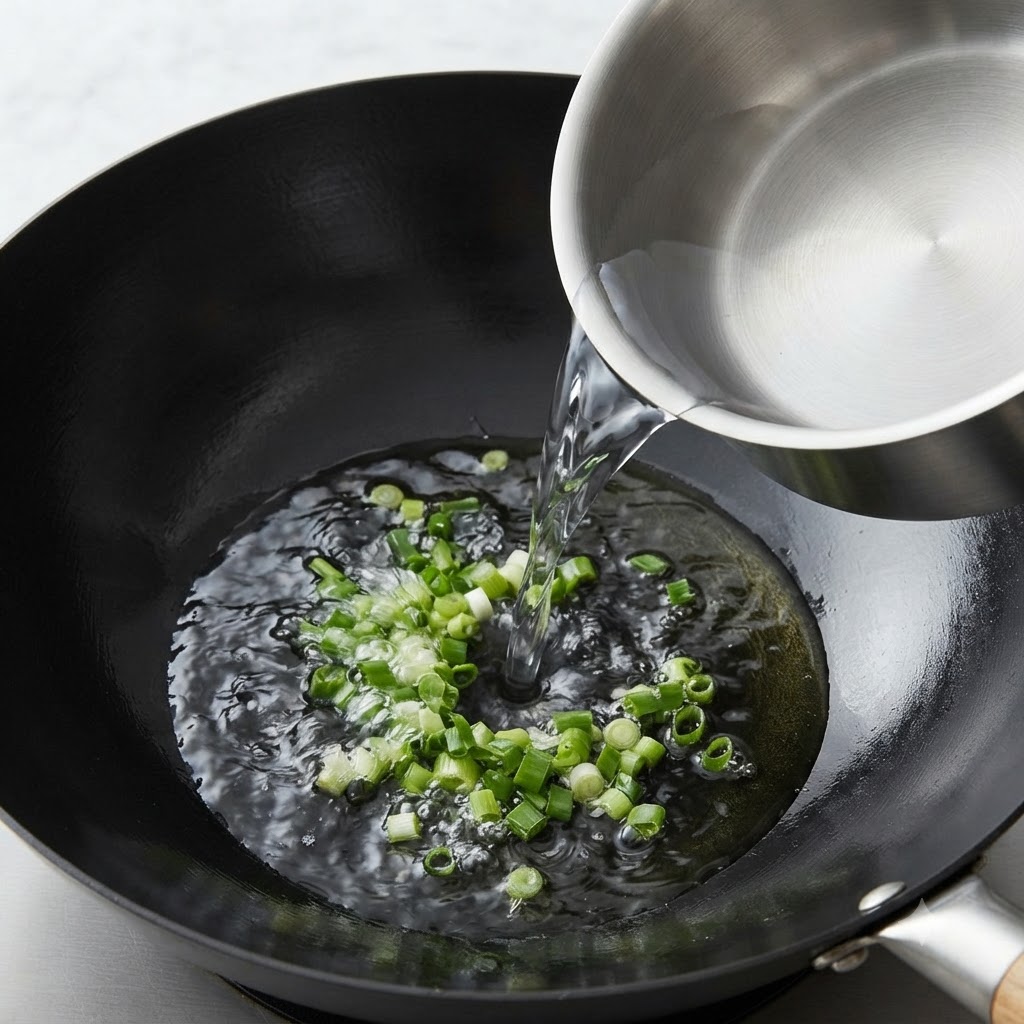 Acqua limpida versata da un contenitore di metallo in un wok nero con cipollotti verdi.