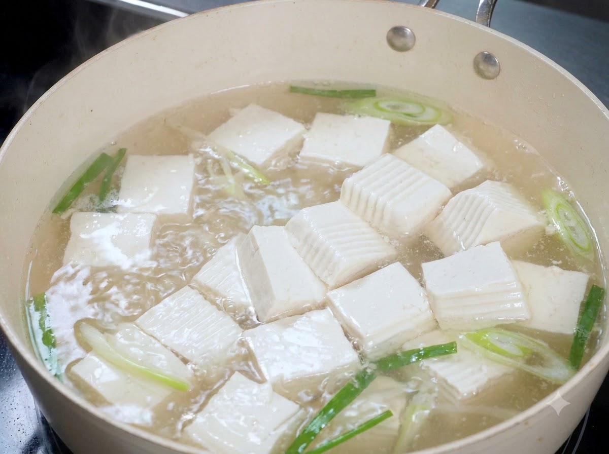 Cubetti di tofu bianco morbido che sobbollono in acqua bollente con cipollotti e zenzero.