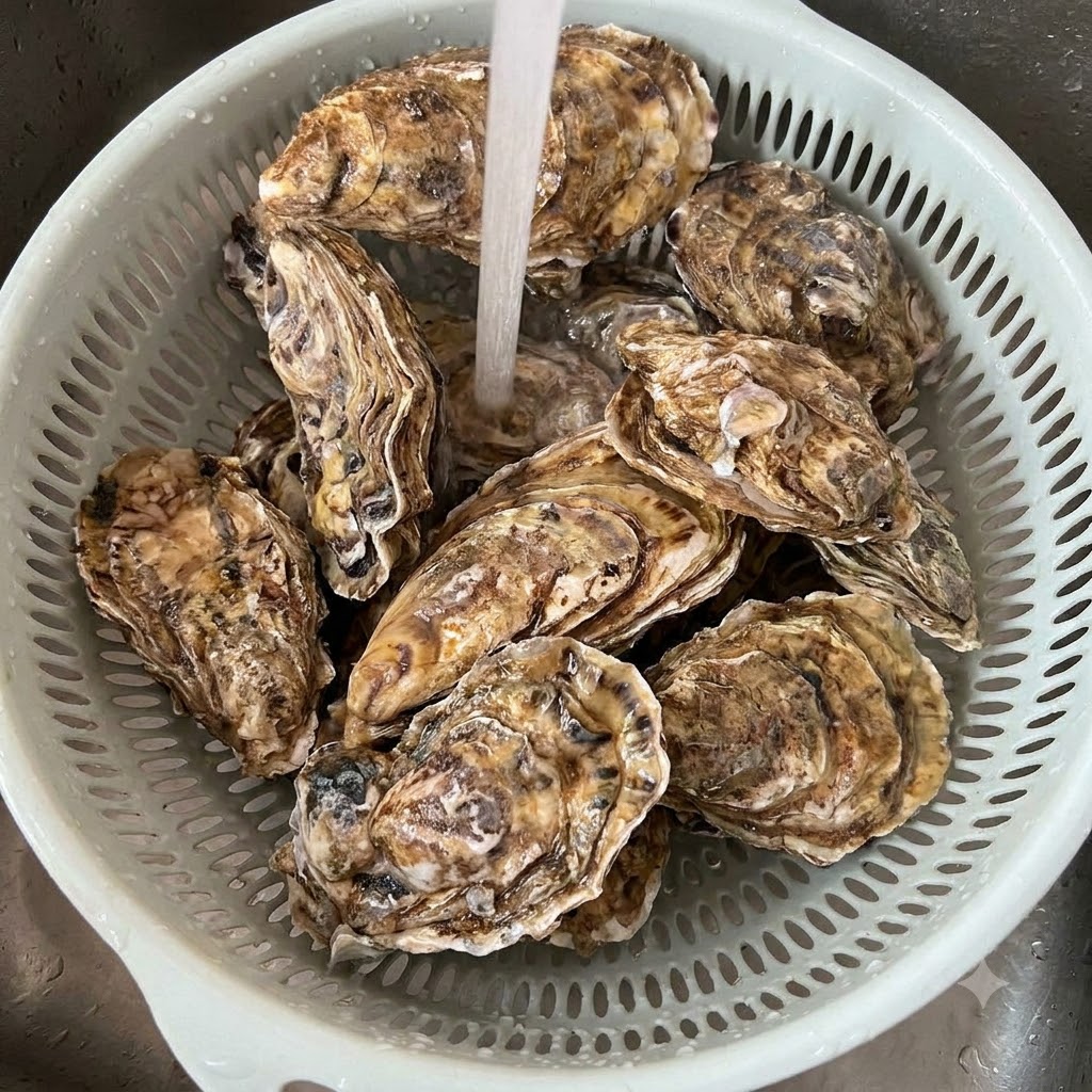 Ostriche fresche lavate sotto un getto di acqua corrente in uno scolapasta.
