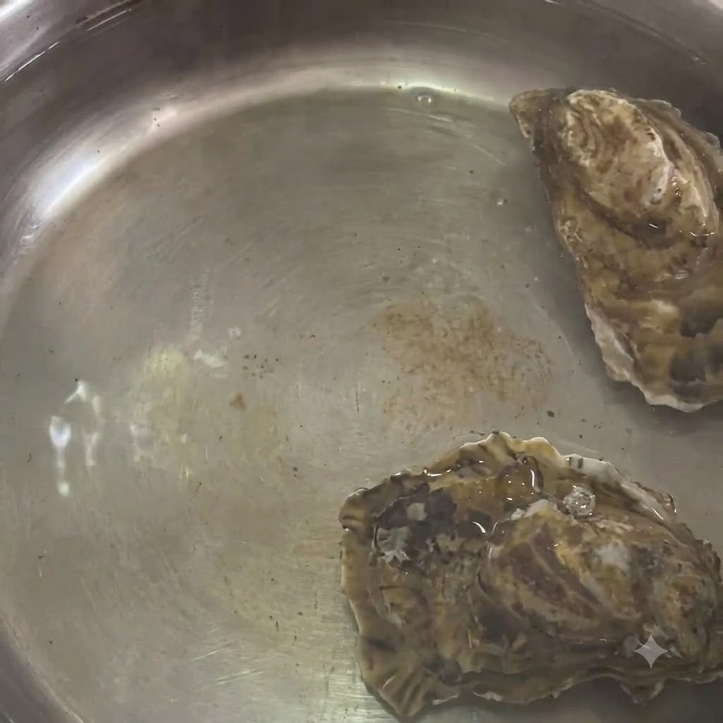 Ostriche in ebollizione dentro una pentola di acciaio inossidabile con acqua calda.