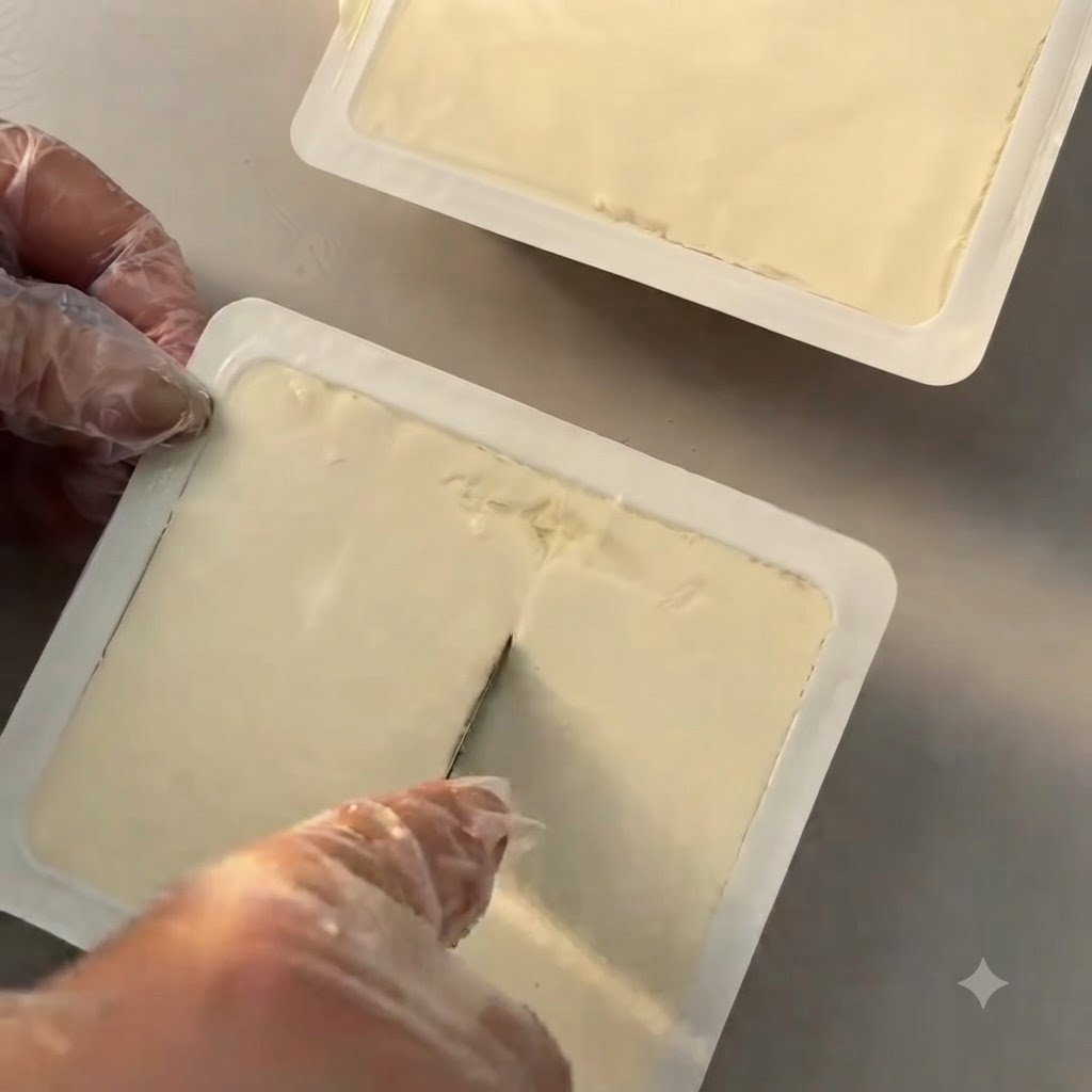 Tofu vellutato nella sua confezione di plastica tagliato a piccoli cubetti con un coltello.