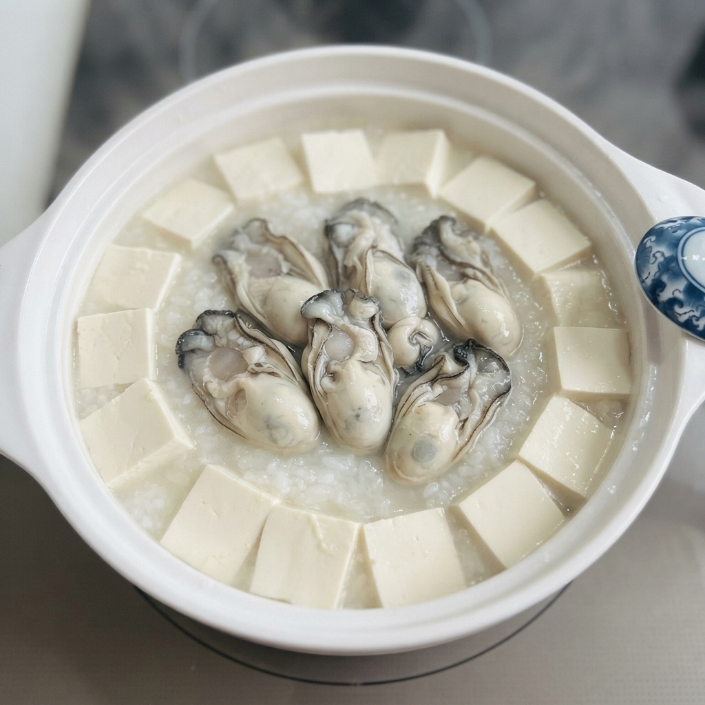 Ostriche e tofu che sobbollono insieme in una pentola di ceramica bianca.