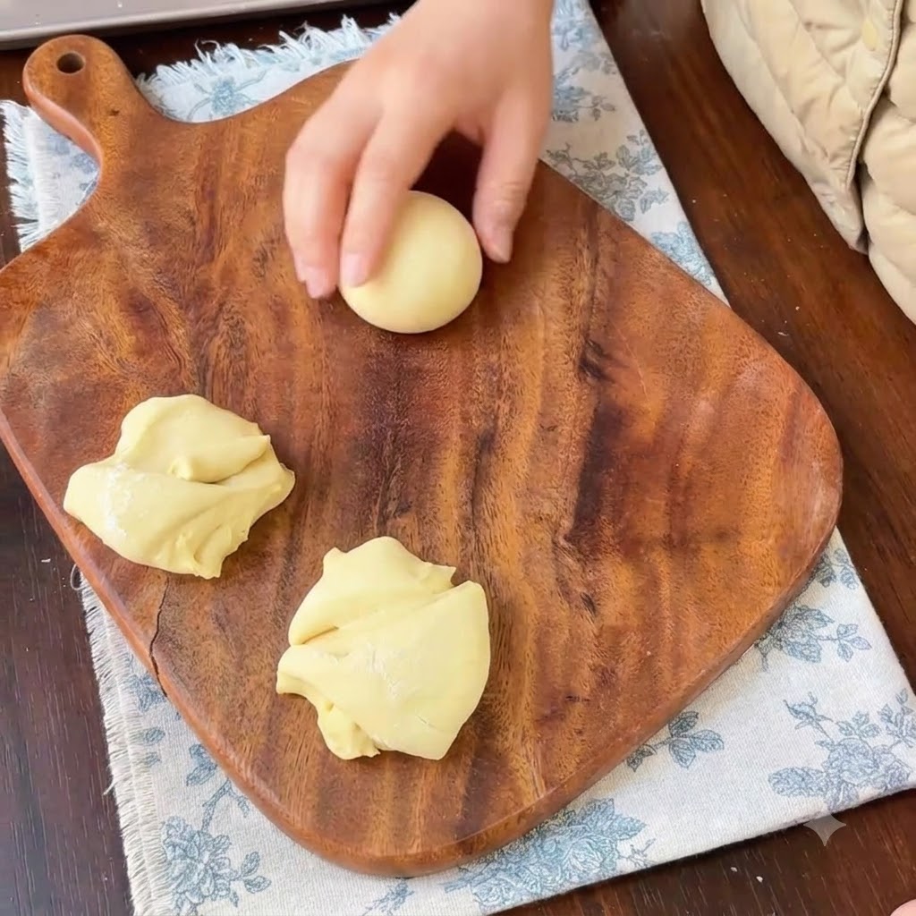 Una mano che arrotola un pezzo di pasta gialla in una sfera liscia su un tagliere di legno.