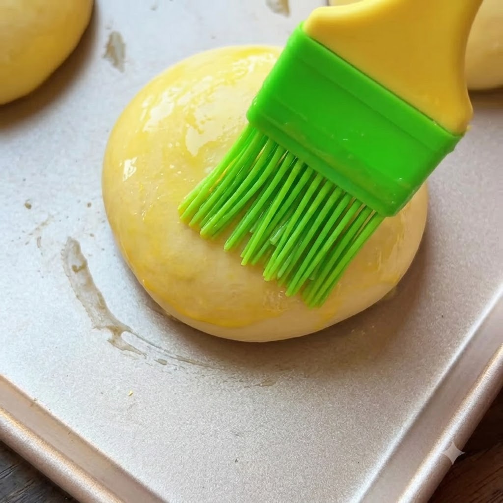 Un pennello da cucina in silicone verde che spennella un panino lievitato con uovo sbattuto su una teglia.