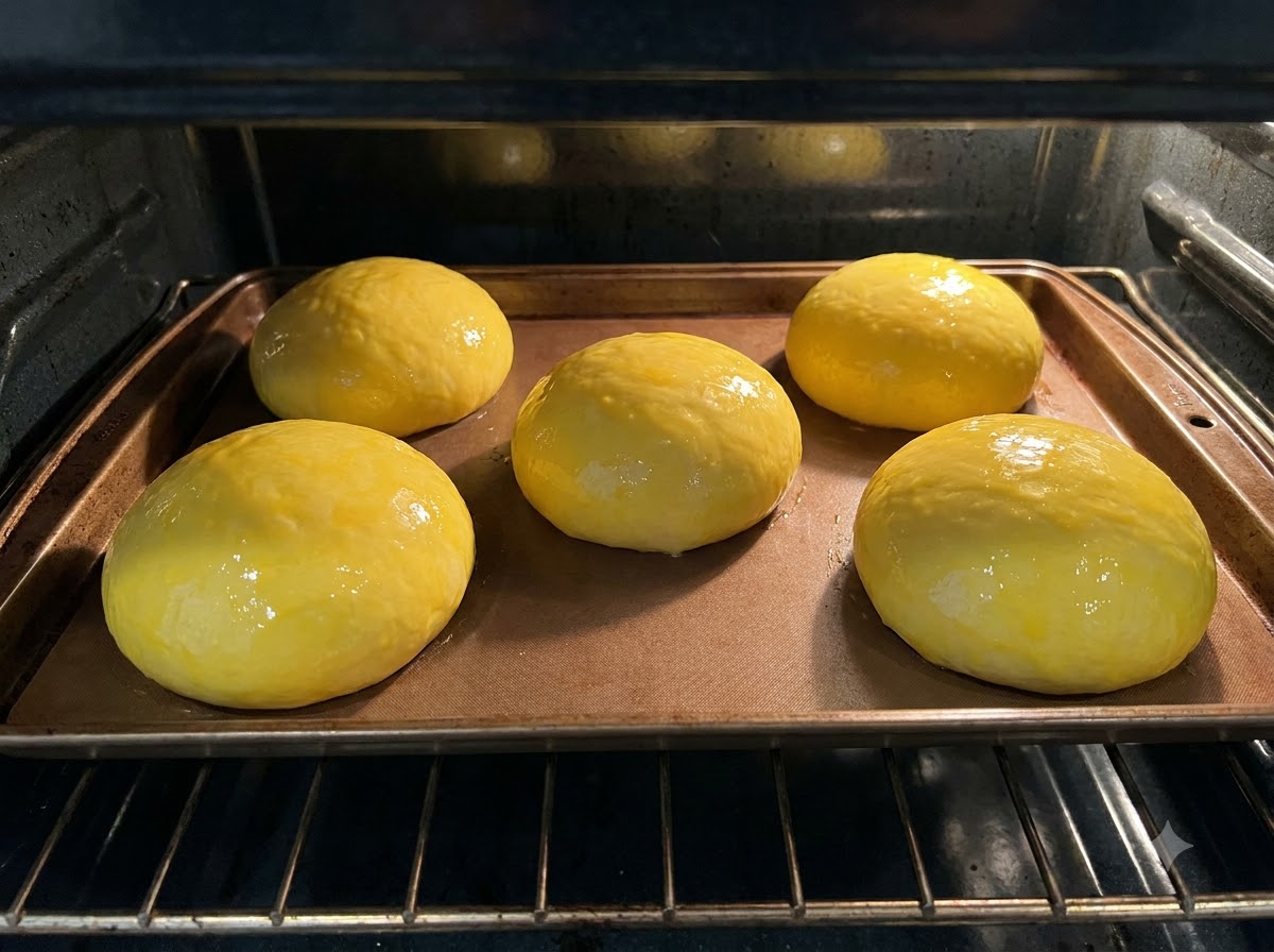 Cinque panini di pasta lucidi spennellati duovo in cottura su una teglia dentro un forno caldo.
