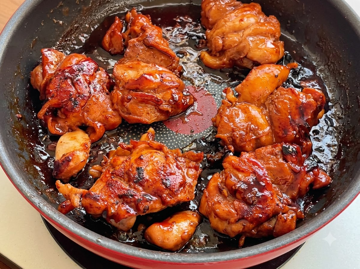Cosce di pollo che sobbollono in una densa glassa teriyaki scura allinterno di una padella.