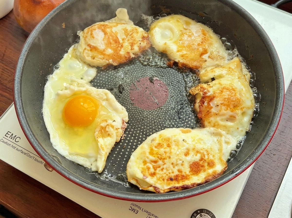 Diverse uova fritte in una padella antiaderente, che mostrano albumi ribollenti e tuorli giallo brillante.