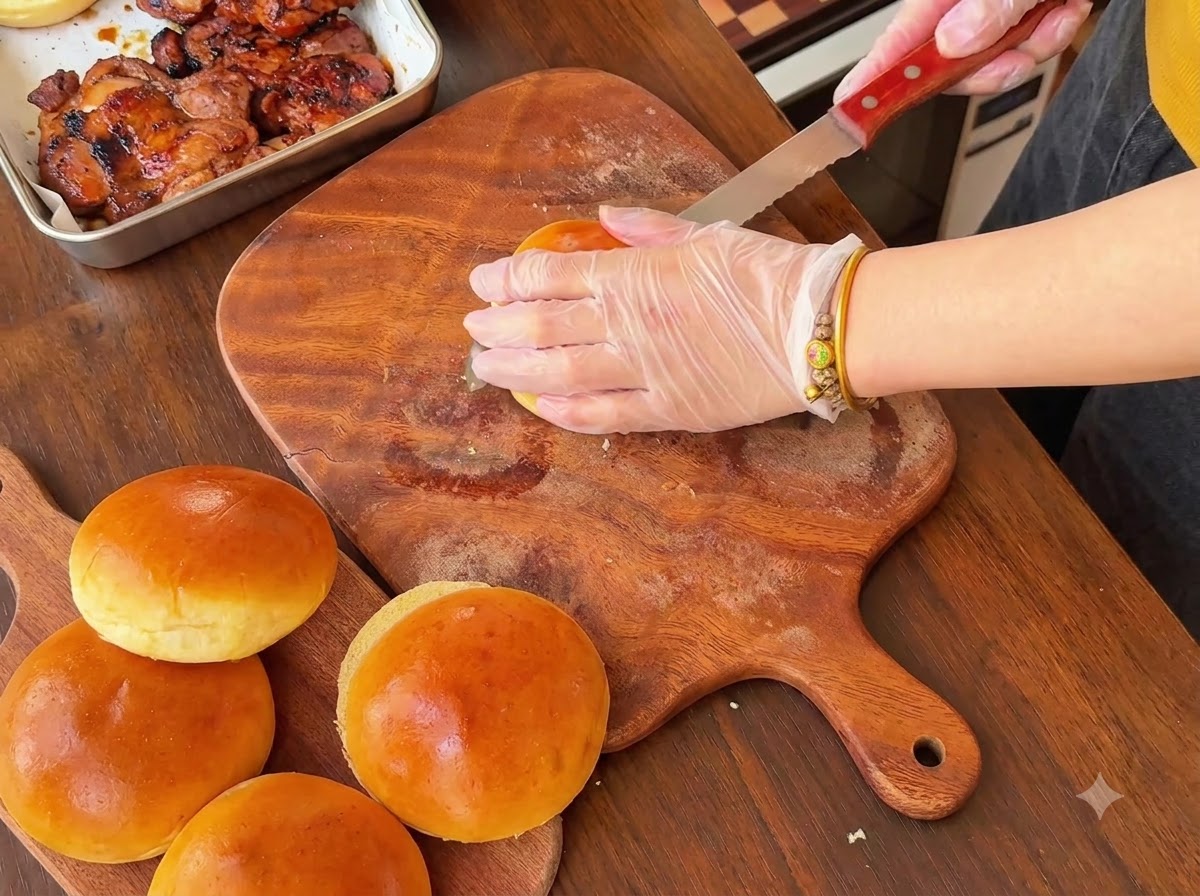 Mani con guanti trasparenti che usano un coltello seghettato per tagliare a metà un panino per burger dorato appena sfornato su un tagliere di legno.