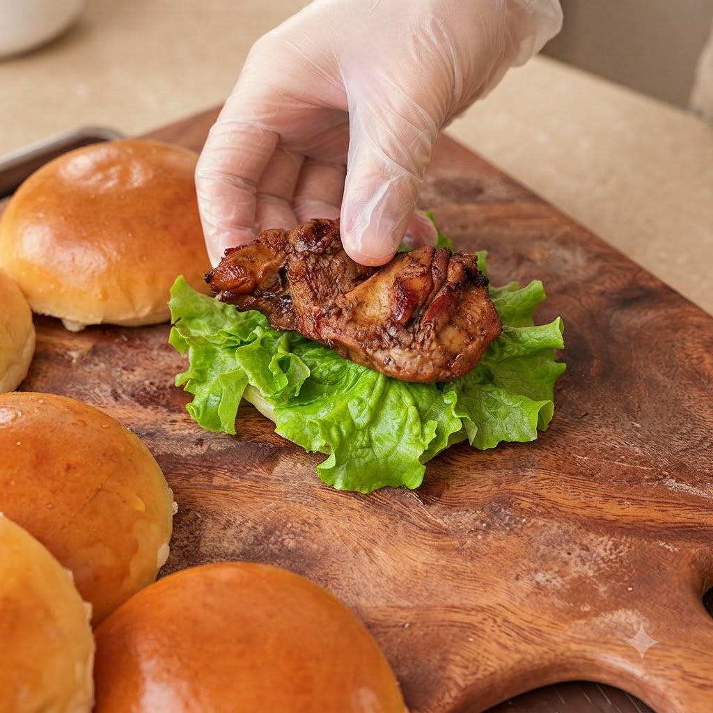 Una mano con guanto che posiziona un pezzo di pollo teriyaki glassato sopra un letto di lattuga verde fresca sulla base di un panino per burger.