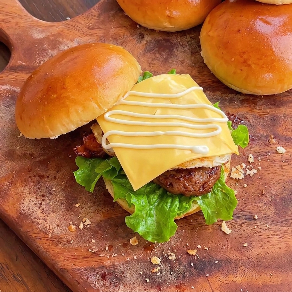 Un burger di pollo teriyaki appena assemblato con lattuga, cotoletta di pollo, uovo fritto, una fetta di formaggio fuso e linee a zig-zag di maionese in cima.