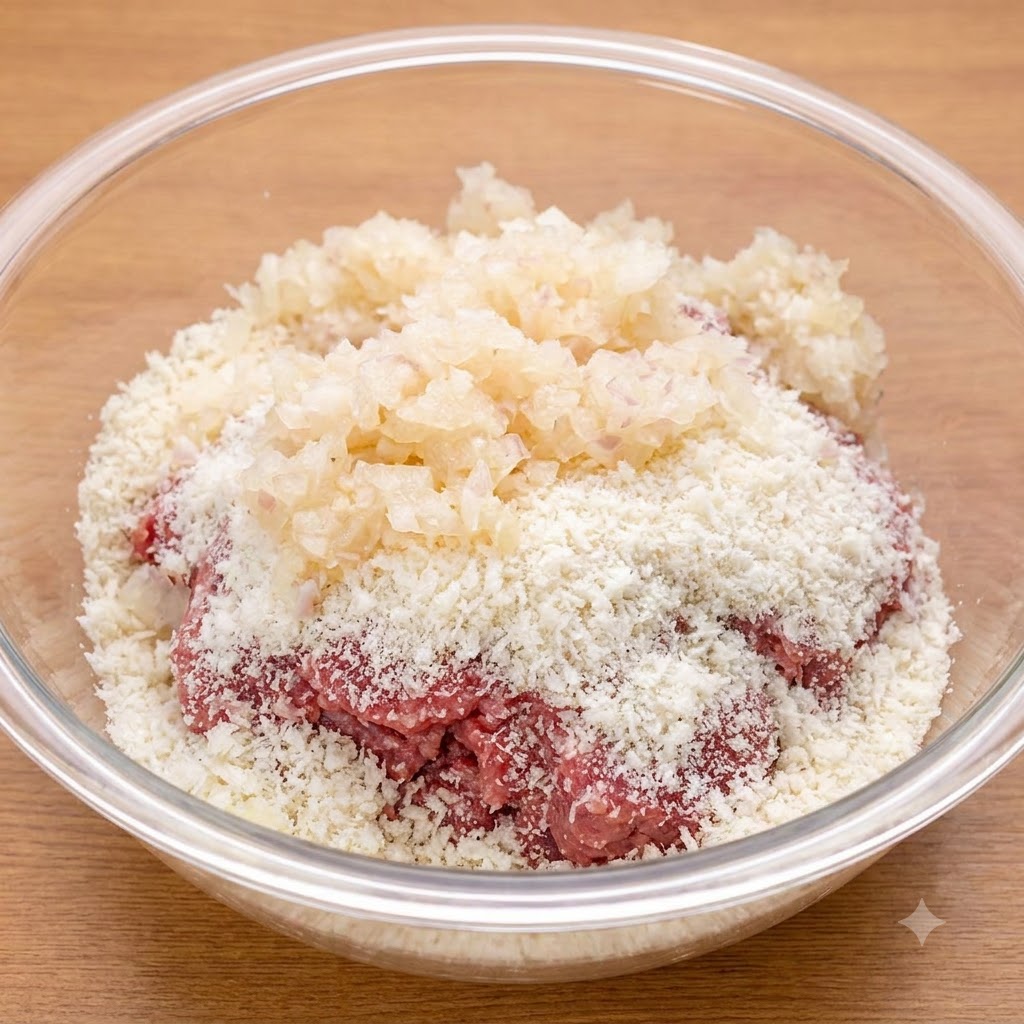 Cipolle a dadini cotte ammucchiate sopra la carne macinata e il pangrattato allinterno di una ciotola di vetro.